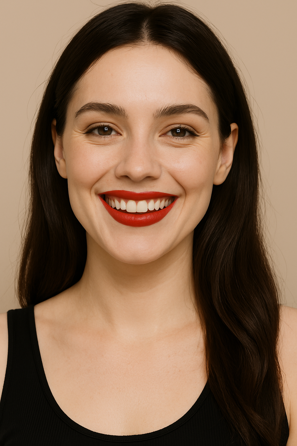 woman with bright red lipstick smiling